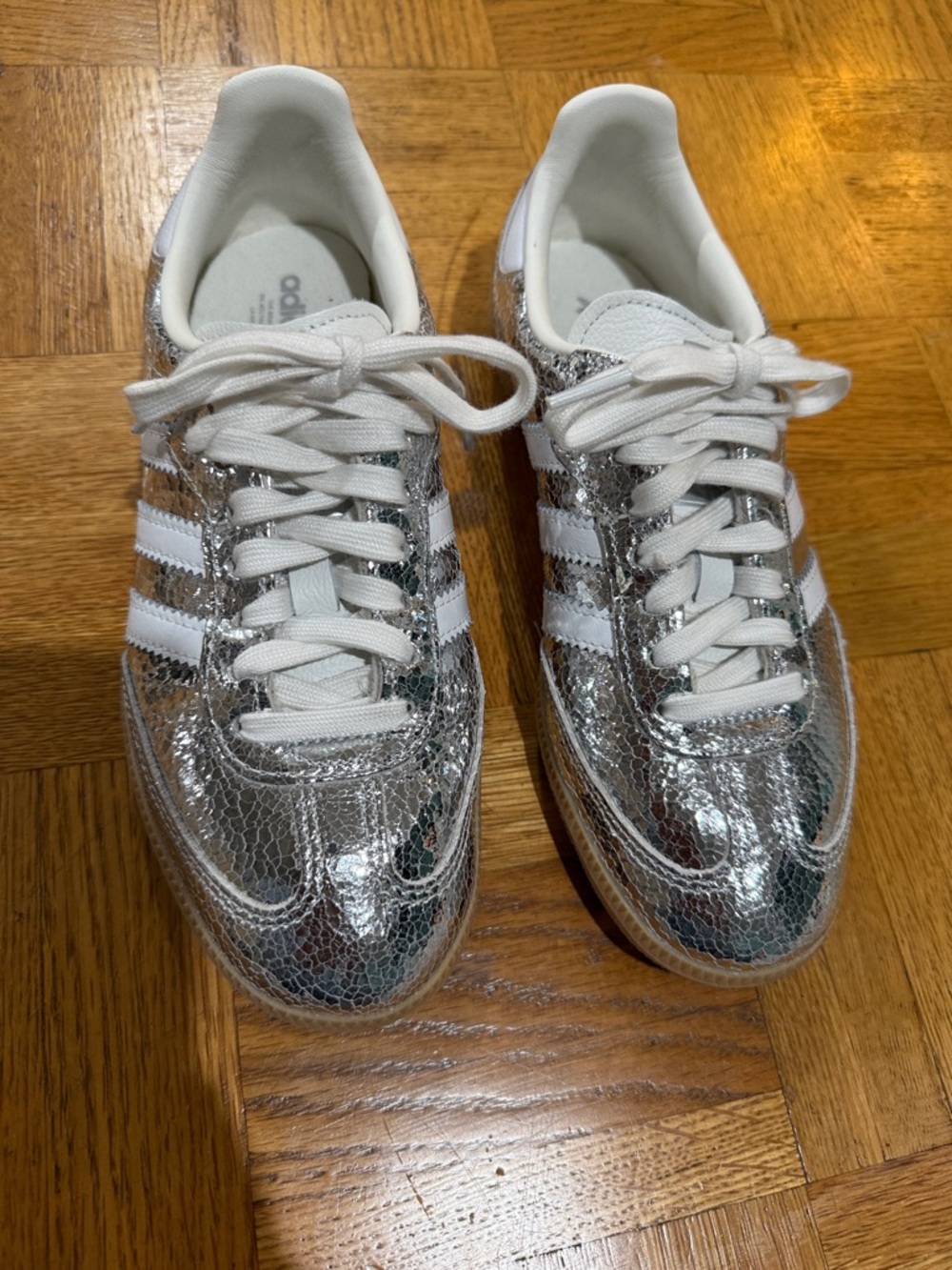 adidas Silver Crackle Low-Top Sneakers with White Stripes